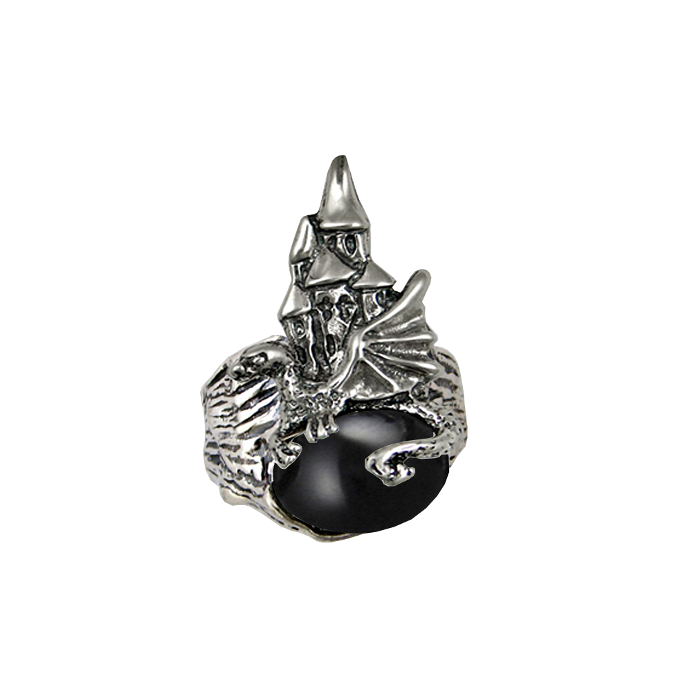 Sterling Silver Dragon And Her Castle Ring With Black Onyx Size 7